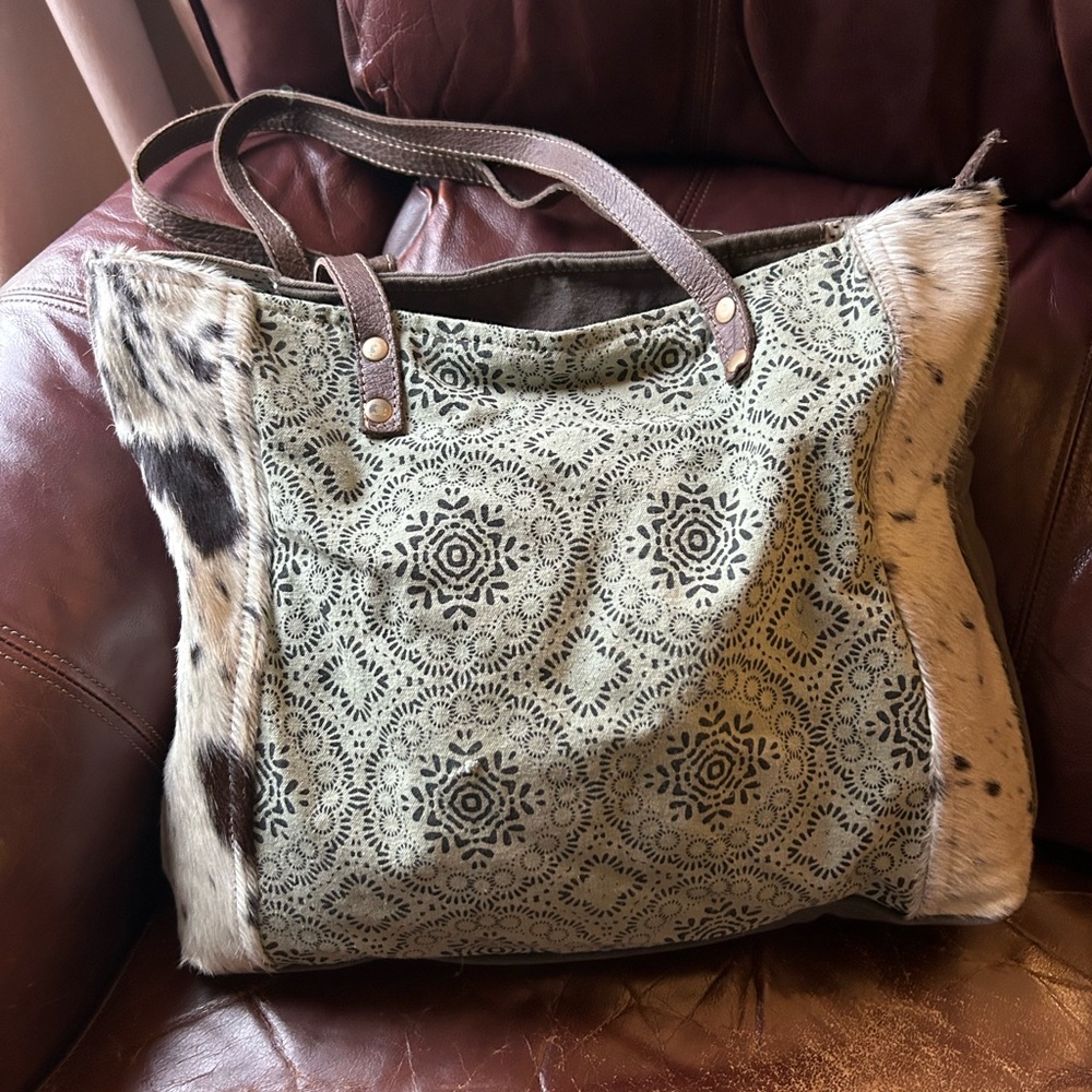 Myra Bag Cowhide, Leather and canvas tote Brown and turquoise Patterned Tote